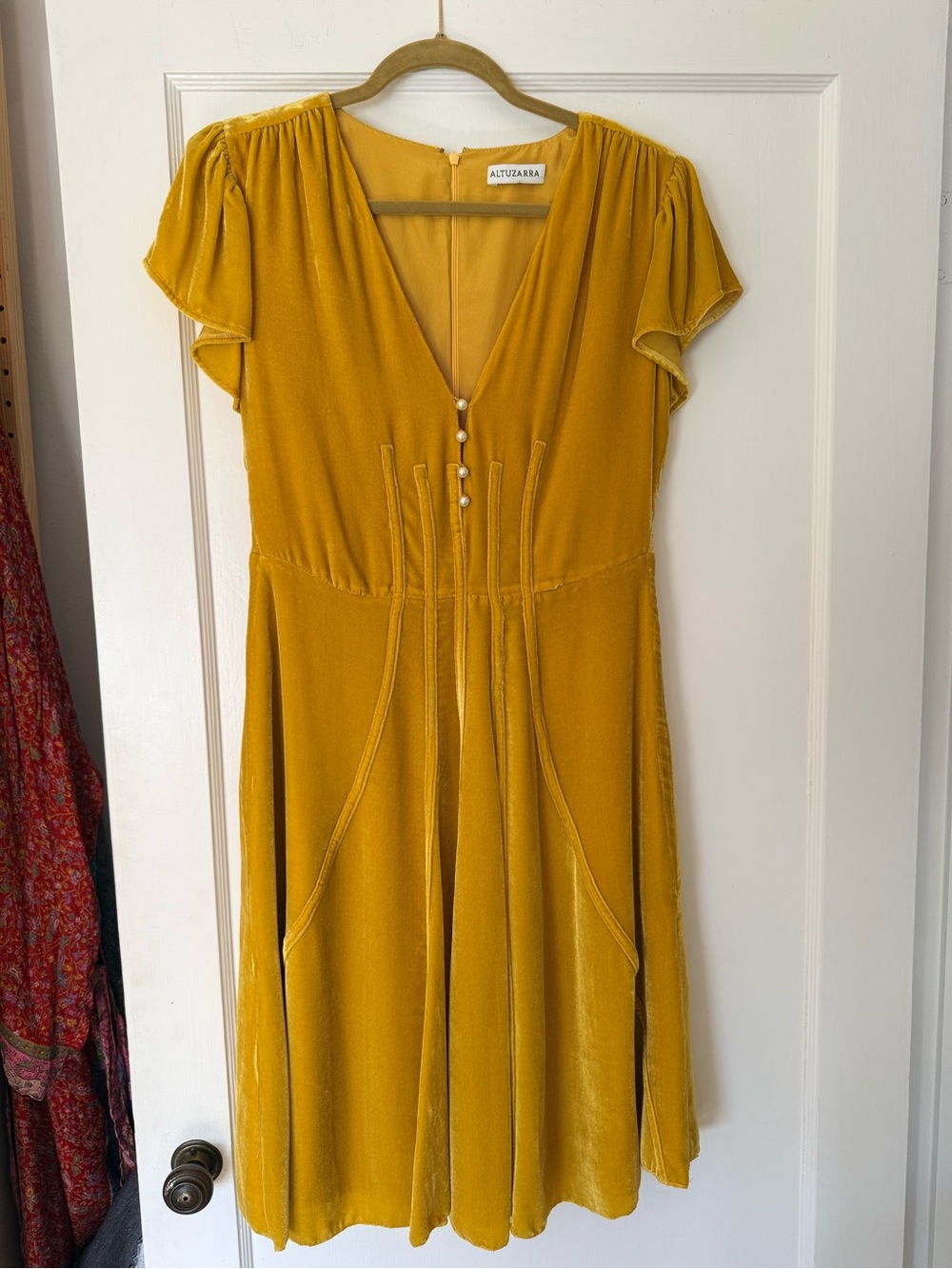 Altuzarra Golden Yellow Velvet V-Neck Midi Dress